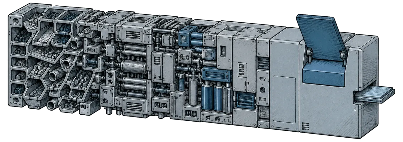 A horizontal modular machine: a many-slotted intake at one end, mechanical transformation modules through the middle, a hinged inspection plate and a single tidy output at the other