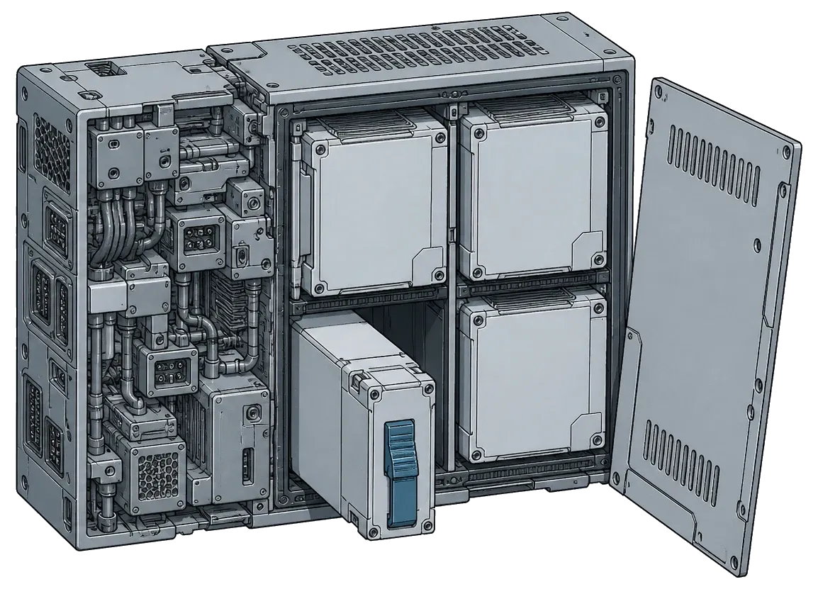 An open modular chassis with its side panel set aside, four large plain modules in identical bays with hand-releasable fasteners, one drawn part-way out