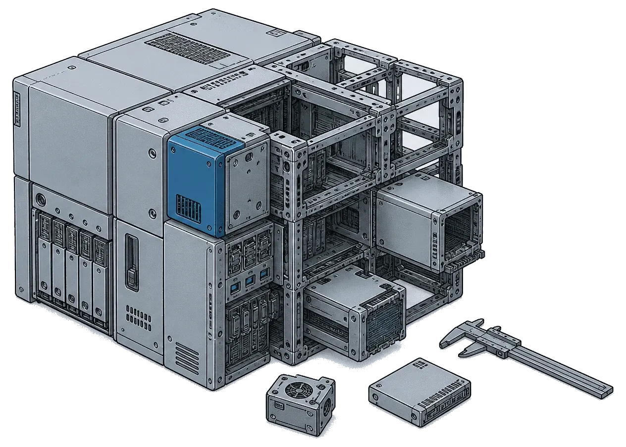 A half-built modular assembly: one side resolved into clean machined modules, the other an open frame with empty bays, loose components and a caliper beside it