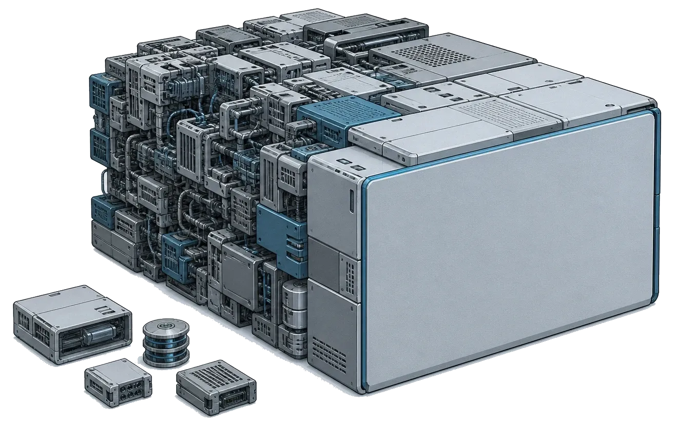 A modular block whose dense tangle of small components consolidates into a few clean modules, while the broad outward-facing front panel stays intact