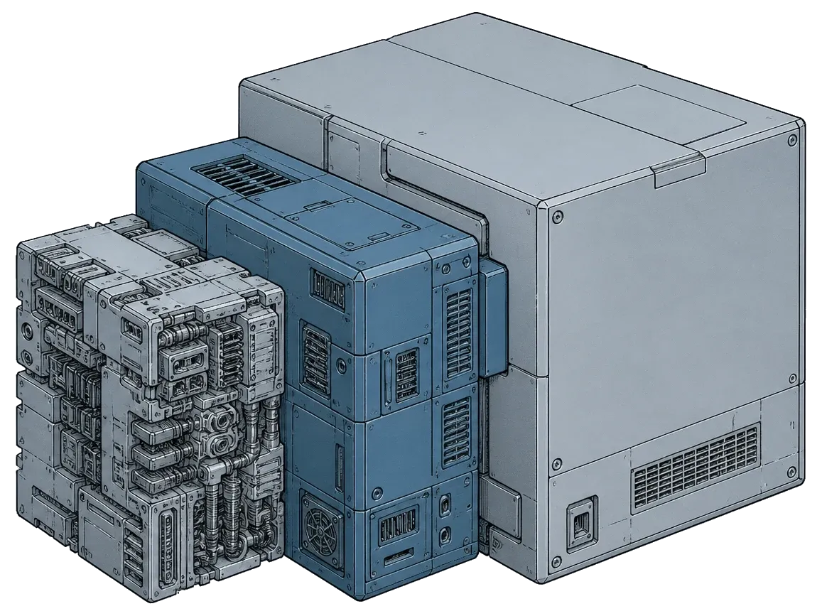 Three modules of different sizes locked into one assembly, each sized to its own job, joined by identical machined joints