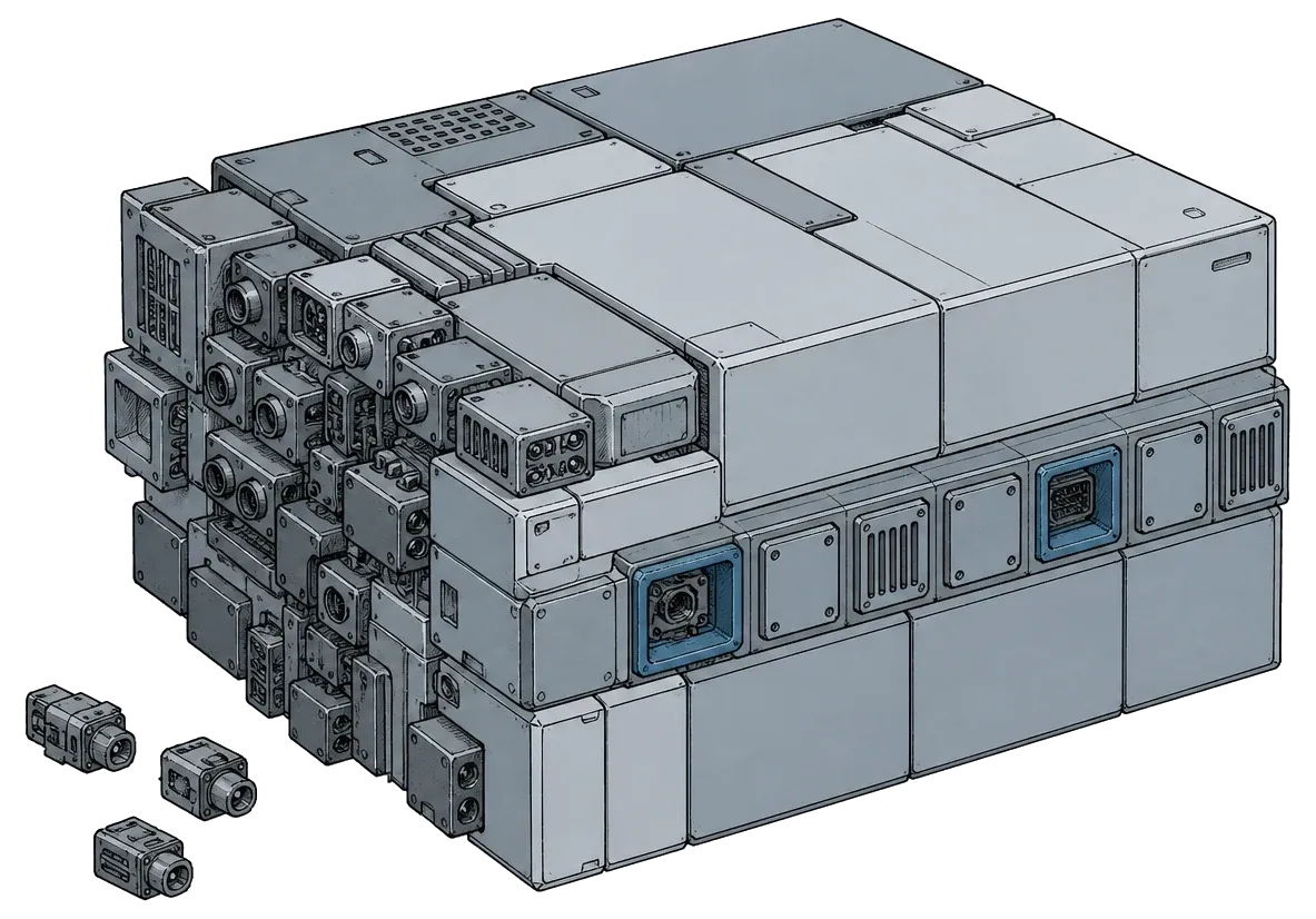 A modular block with most surfaces sealed and plain, its ports capped with blank plates except two set in recessed collars, removed connectors beside it